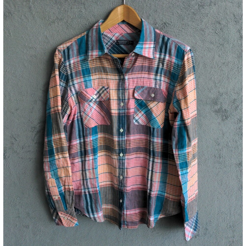Vineyard Vines 100% Linen Plaid Button Down Long Sleeve Sz 4 Martha's Vineyard